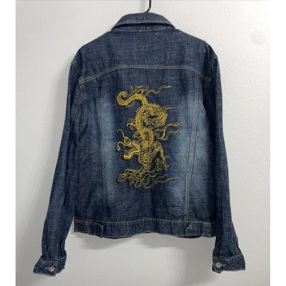 Vintage 1990s Paco Jeans Dragon Embroidered Style Denim Jacket NavySize XL